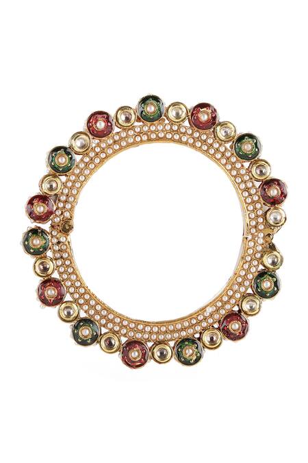Ruby Raang_Multi Color Pearls, Meenakari Work And Kundan Embellished Bangle - Single Pc _Online_at_Aza_Fashions
