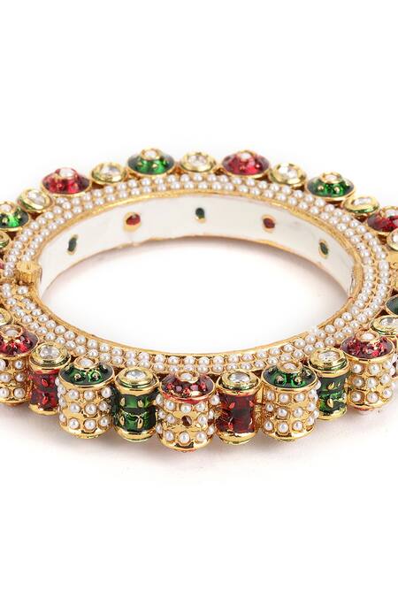 Shop_Ruby Raang_Multi Color Pearls, Meenakari Work And Kundan Embellished Bangle - Single Pc _Online_at_Aza_Fashions