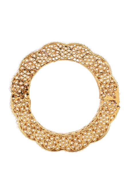 Buy_Ruby Raang_White Pearls, Diamonds Handcrafted Embedded Bangle - Single Pc _Online_at_Aza_Fashions