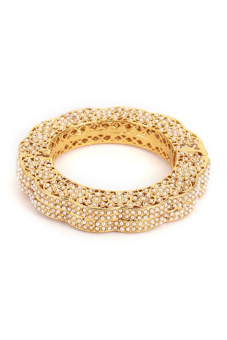 Shop Ruby Raang White Pearls, Diamonds Handcrafted Embedded Bangle - Single Pc Online at Aza Fashions Shop_Ruby Raang_White Pearls, Diamonds Handcrafted Embedded Bangle - Single Pc _Online_at_Aza_Fashions