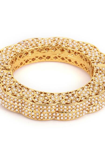 Ruby Raang_White Pearls, Diamonds Handcrafted Embedded Bangle - Single Pc _at_Aza_Fashions