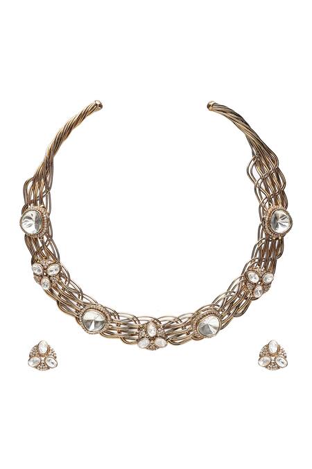 Ruby Raang_Gold Plated Diamonds, Stones Interwoven Polki Hasli Choker Set _Online_at_Aza_Fashions
