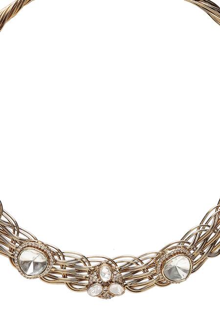 Ruby Raang_Gold Plated Diamonds, Stones Interwoven Polki Hasli Choker Set _at_Aza_Fashions