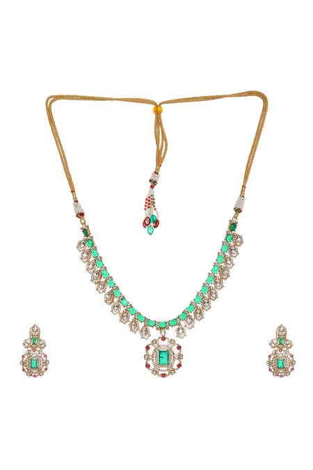 Ruby Raang_Multi Color Pearls, Stones Semi Precious Embellished Necklace Set _Online_at_Aza_Fashions