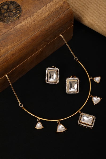 Shop_Ruby Raang_Gold Plated Diamonds, Stones Kundan Embellished Hasli Chain Necklace Set _at_Aza_Fashions