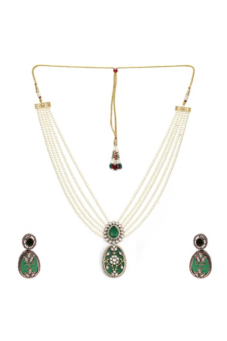 Ruby Raang_Green Pearls, Pom-poms, Stones Embellished Pendant Necklace Set _Online_at_Aza_Fashions
