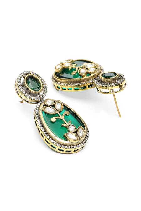 Shop_Ruby Raang_Green Pearls, Pom-poms, Stones Embellished Pendant Necklace Set _Online_at_Aza_Fashions