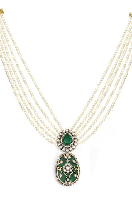 Ruby Raang_Green Pearls, Pom-poms, Stones Embellished Pendant Necklace Set _at_Aza_Fashions