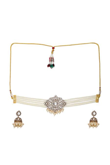 Ruby Raang_White Pearls Polki Embellished Choker Set _Online_at_Aza_Fashions