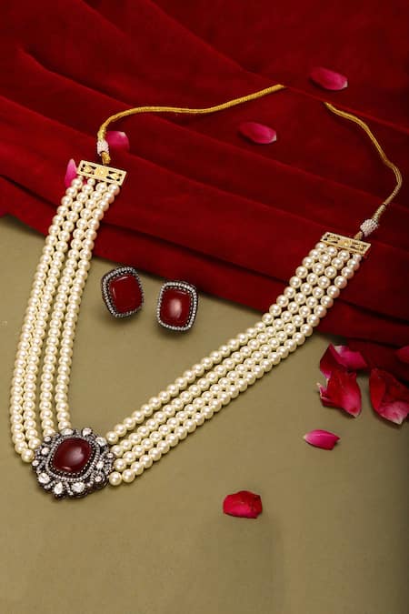 Shop_Ruby Raang_Maroon Pearls, Piping, Stones Embellished Choker Set _at_Aza_Fashions