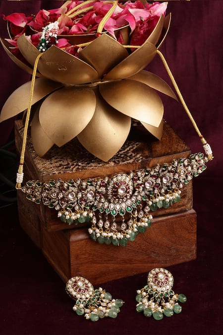 Ruby Raang Floral Emerald Embellished Choker Set 