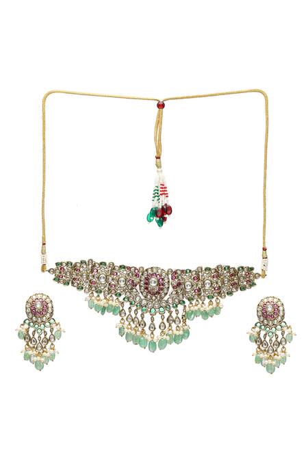 Ruby Raang_Green Pearls, Diamonds, Stones Floral Emerald Embellished Choker Set _Online_at_Aza_Fashions
