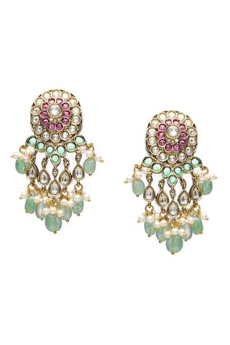 Buy_Ruby Raang_Green Pearls, Diamonds, Stones Floral Emerald Embellished Choker Set _Online_at_Aza_Fashions