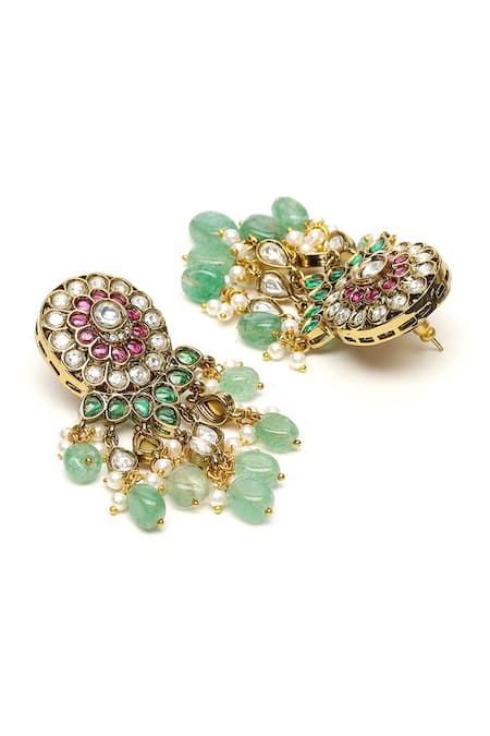 Shop_Ruby Raang_Green Pearls, Diamonds, Stones Floral Emerald Embellished Choker Set _Online_at_Aza_Fashions