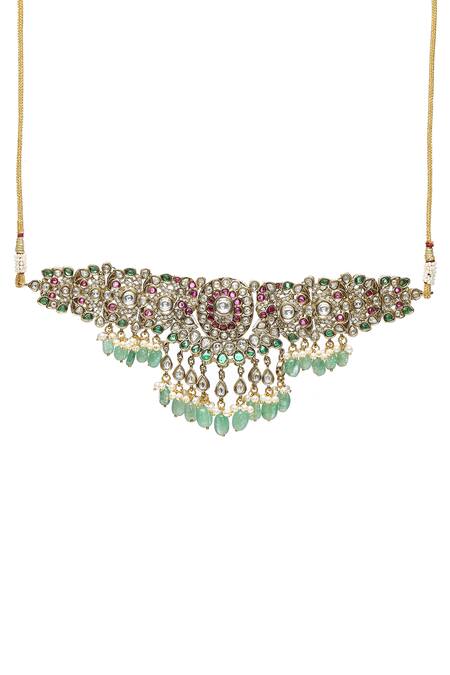 Ruby Raang_Green Pearls, Diamonds, Stones Floral Emerald Embellished Choker Set _at_Aza_Fashions