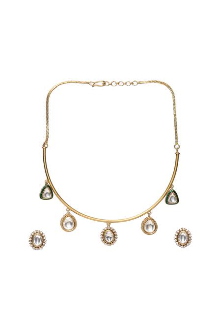 Ruby Raang_Gold Plated Diamonds, Crystals, Stones Kundan Drop Hasli Chain Necklace Set _Online_at_Aza_Fashions