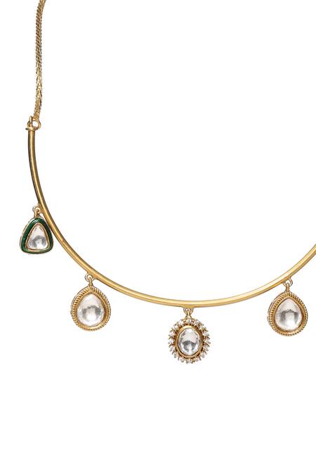 Ruby Raang_Gold Plated Diamonds, Crystals, Stones Kundan Drop Hasli Chain Necklace Set _at_Aza_Fashions