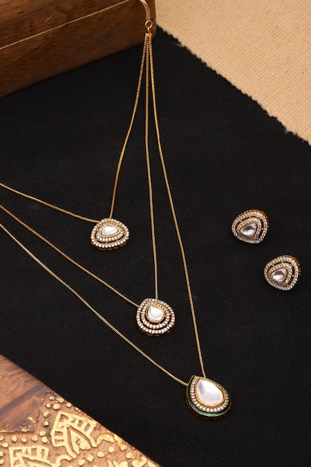 Shop_Ruby Raang_Gold Plated Diamonds, Stones Kundan Drop Layered Chain Necklace Set _at_Aza_Fashions
