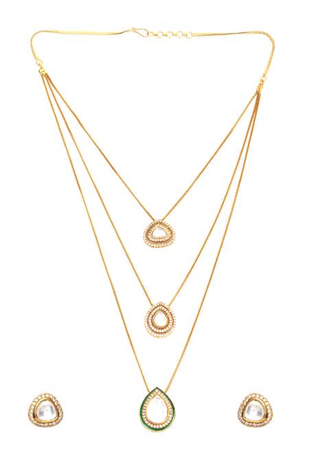 Ruby Raang Gold Plated Diamonds, Stones Kundan Drop Layered Chain Necklace Set Online at Aza Fashions Ruby Raang_Gold Plated Diamonds, Stones Kundan Drop Layered Chain Necklace Set _Online_at_Aza_Fashions
