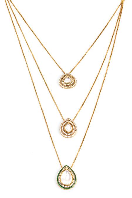 Ruby Raang_Gold Plated Diamonds, Stones Kundan Drop Layered Chain Necklace Set _at_Aza_Fashions