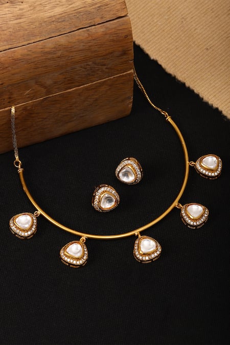 Shop_Ruby Raang_Gold Plated Diamonds, Crystals, Polki Embellished Hasli Chain Necklace Set _at_Aza_Fashions