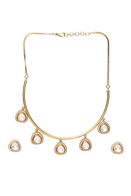 Ruby Raang_Gold Plated Diamonds, Crystals, Polki Embellished Hasli Chain Necklace Set _Online_at_Aza_Fashions
