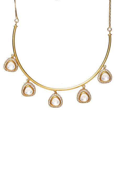 Ruby Raang_Gold Plated Diamonds, Crystals, Polki Embellished Hasli Chain Necklace Set _at_Aza_Fashions