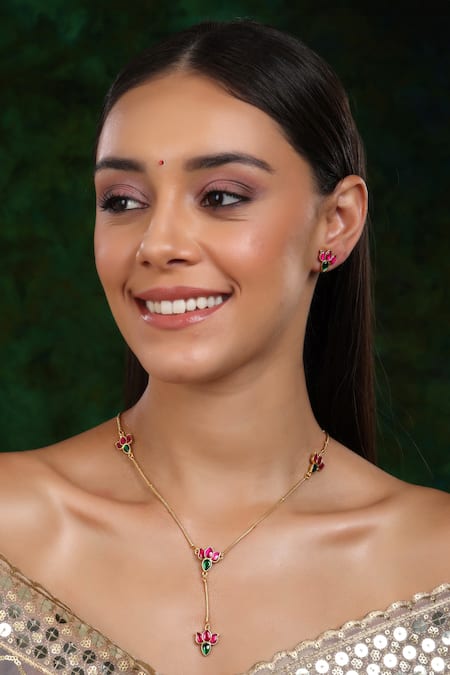 Ruby Raang Lotus Kundan Embellished Lariat Chain Necklace Set 