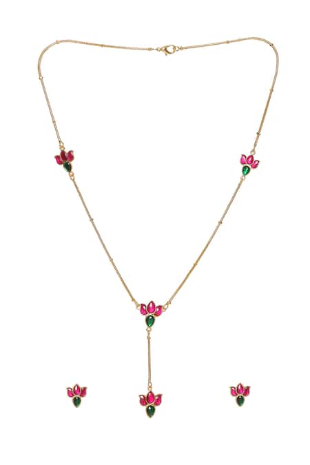 Ruby Raang_Multi Color Diamonds, Stones Lotus Kundan Embellished Lariat Chain Necklace Set_Online_at_Aza_Fashions