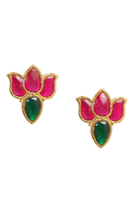 Buy_Ruby Raang_Multi Color Diamonds, Stones Lotus Kundan Embellished Lariat Chain Necklace Set_Online_at_Aza_Fashions