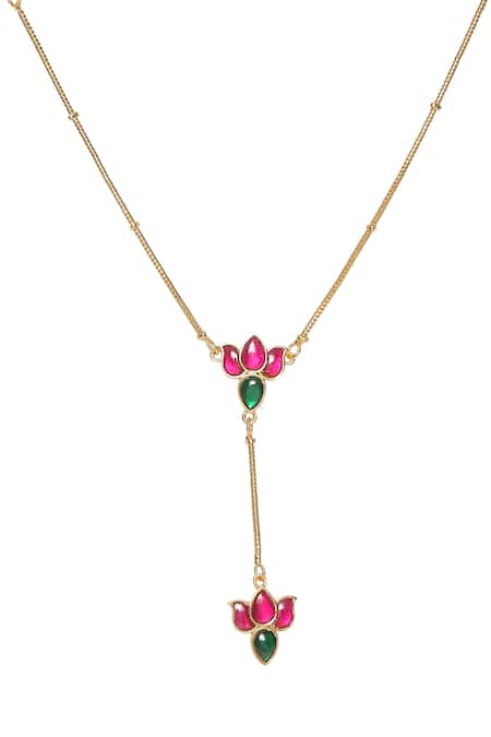 Ruby Raang_Multi Color Diamonds, Stones Lotus Kundan Embellished Lariat Chain Necklace Set_at_Aza_Fashions