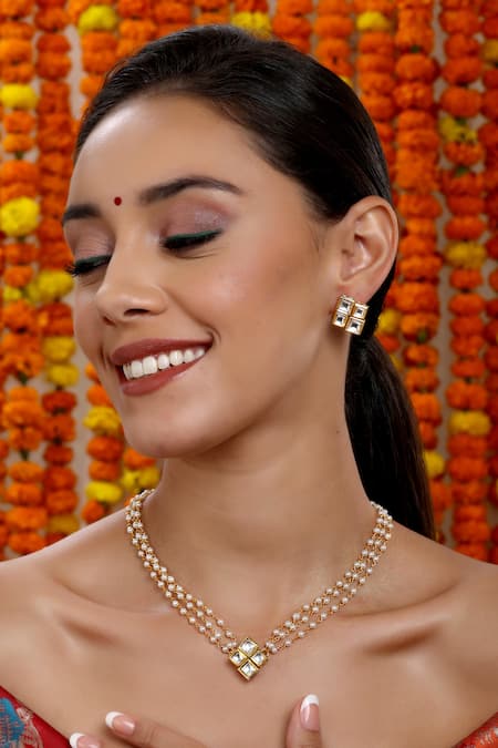 Ruby Raang Kundan Pearl Chain Necklace Set 