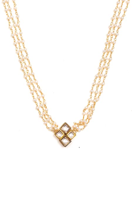 Ruby Raang_Gold Plated Pearls, Diamonds Kundan Chain Necklace Set _at_Aza_Fashions