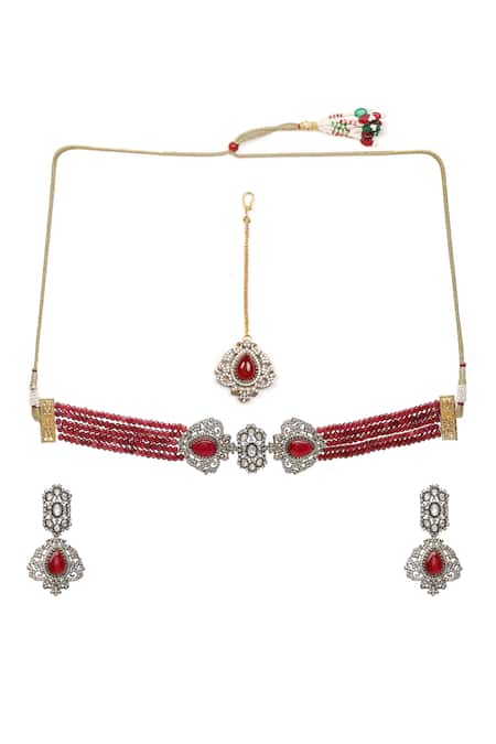 Ruby Raang_Maroon Diamonds, Stones Polki Embellished Onyx Choker Set _Online_at_Aza_Fashions