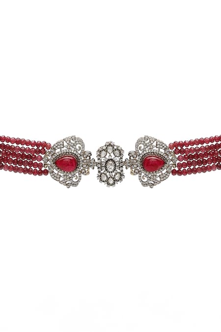 Ruby Raang_Maroon Diamonds, Stones Polki Embellished Onyx Choker Set _at_Aza_Fashions