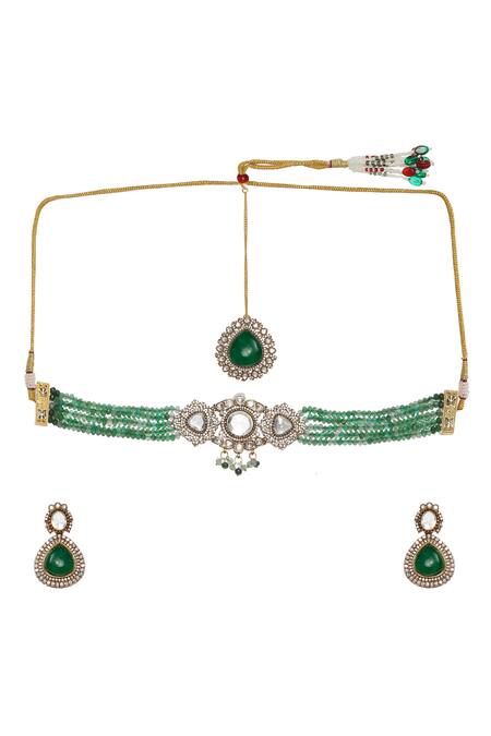 Ruby Raang_Green Pearls, Stones Polki Onyx Embellished Choker Set _Online_at_Aza_Fashions