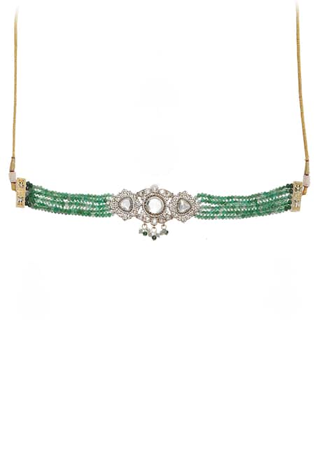 Ruby Raang_Green Pearls, Stones Polki Onyx Embellished Choker Set _at_Aza_Fashions