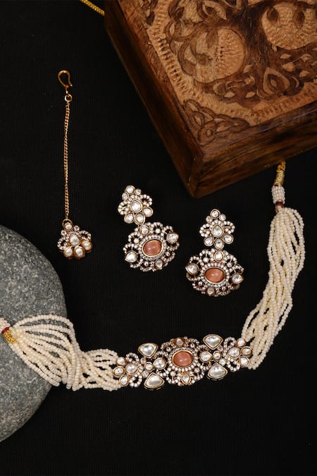 Shop_Ruby Raang_White Pearls, Metallic Thread Polki Embellished Choker Set _at_Aza_Fashions
