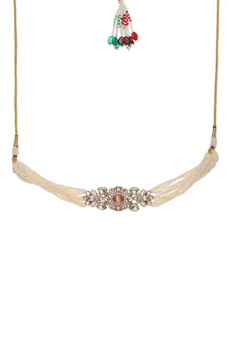 Ruby Raang White Pearls, Metallic Thread Polki Embellished Choker Set at Aza Fashions Ruby Raang_White Pearls, Metallic Thread Polki Embellished Choker Set _at_Aza_Fashions