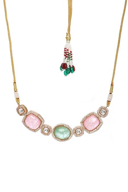 Ruby Raang_Multi Color Metallic Thread, Stones Embellished Kundan Choker Set _at_Aza_Fashions