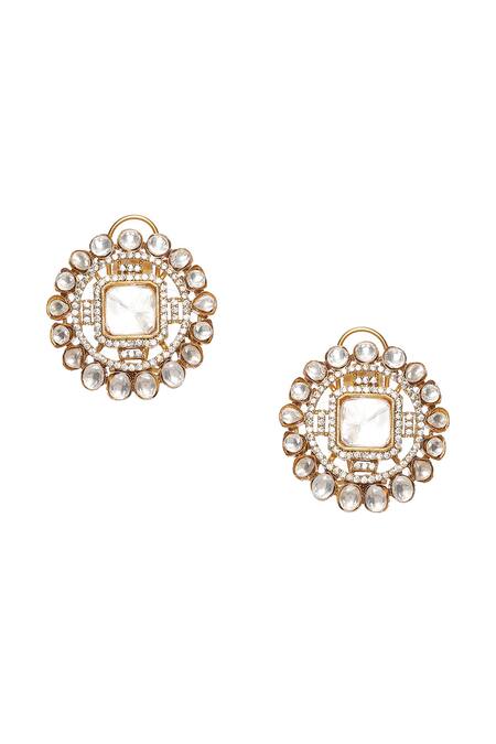 Ruby Raang_Gold Plated Stones Phool Kundan Embellished Studs _Online_at_Aza_Fashions