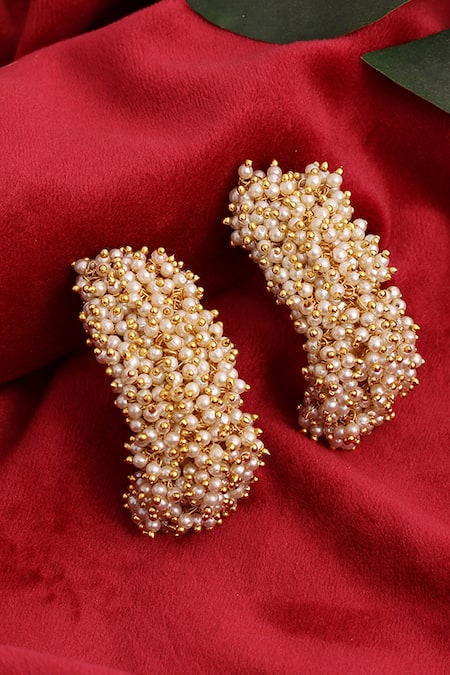 Shop_Ruby Raang_White Pearls Cluster Hoop Earrings _at_Aza_Fashions