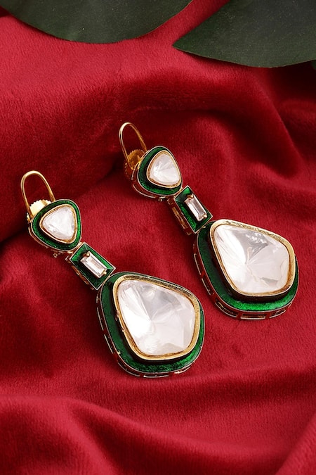 Shop_Ruby Raang_Green Metallic Thread, Stones Kundan And Meenakari Drop Earrings _at_Aza_Fashions