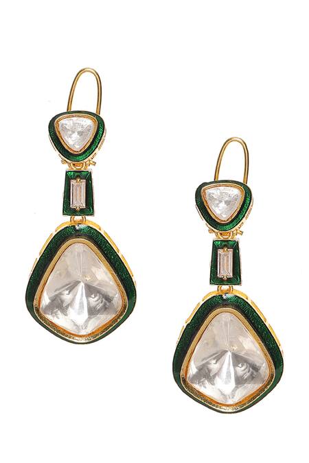 Buy Ruby Raang Green Metallic Thread, Stones Kundan And Meenakari Drop Earrings Online at Aza Fashions Buy_Ruby Raang_Green Metallic Thread, Stones Kundan And Meenakari Drop Earrings _Online_at_Aza_Fashions