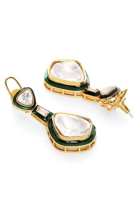 Shop Ruby Raang Green Metallic Thread, Stones Kundan And Meenakari Drop Earrings Online at Aza Fashions Shop_Ruby Raang_Green Metallic Thread, Stones Kundan And Meenakari Drop Earrings _Online_at_Aza_Fashions
