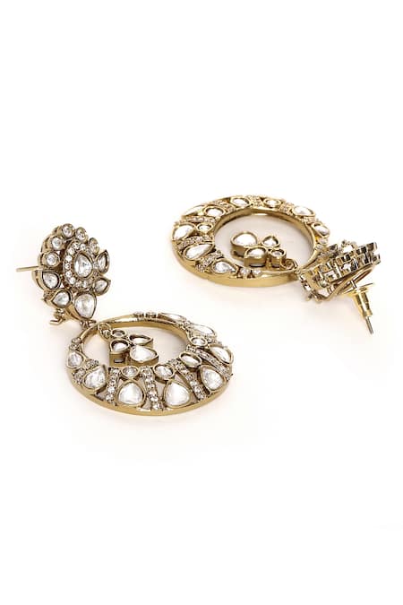 Shop_Ruby Raang_Gold Plated Diamonds, Stones Noor Chand Kundan Earrings _Online_at_Aza_Fashions