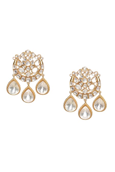 Ruby Raang_Gold Plated Diamonds, Stones Noor Chand Dewdrop Kundan Earrings _Online_at_Aza_Fashions
