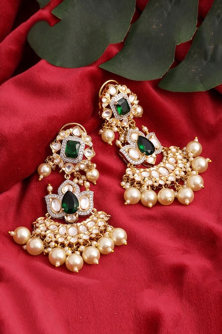 Shop_Ruby Raang_Gold Plated Pearls, Gota Patti, Stones Bahara Chand Dewdrop Kundan Earrings _at_Aza_Fashions
