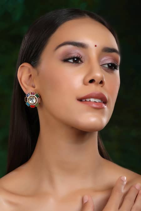 Ruby Raang Multi Color Kundan And Stone Embellished Floral Studs 