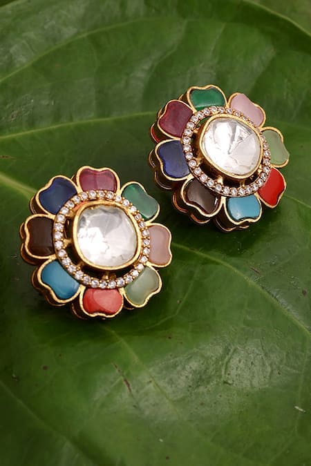 Shop_Ruby Raang_Multi Color Stones, Gota Patti Kundan And Embellished Floral Studs _at_Aza_Fashions